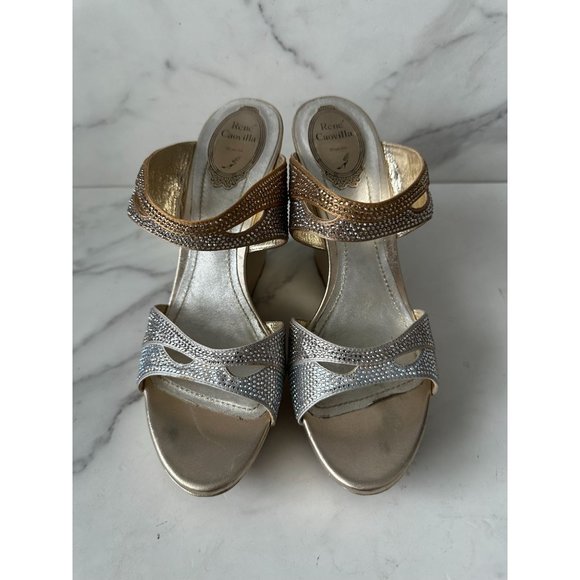RENE CAOVILLA Gold Leather Swarovski Crystal Strass Platform Wedges Size 40 - Picture 3 of 10